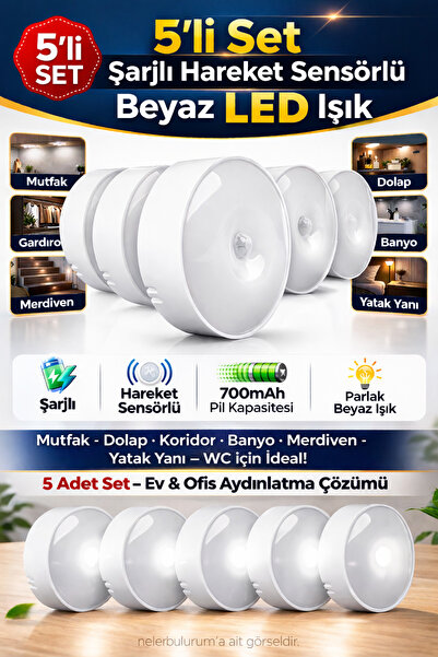 nelerbulurum 5'Li Set Şarjlı Hareket Sensörlü Beyaz Işıklı Mutfak,Dolap,Korid...