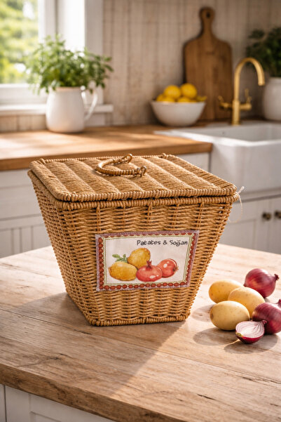 Pembelia Life Hasır Patates Soğan Sepeti Rattan Dekoratif Düzenleyici Kapaklı...