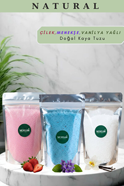 MUMYABİ 3'lü Doğal Içerikli Menekşe-Çilek-Vanilya Yağlı Banyo Kaya Tuzu Manik...