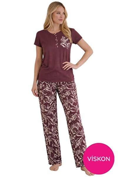 bie's Women's Patterned Buttoned Crew Neck Short Sleeve Pajama Set-Slim Fit S...