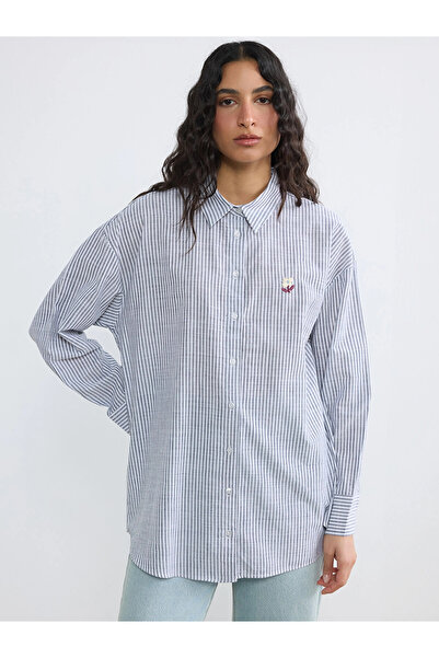 LC Waikiki LCW Modest Navy Blue Ριγέ Ποπλίνα Γυναικείο πουκάμισο τουνίκ