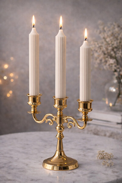 Lúmea Candle Kabartmalı Şamdan Mum Seti – 3’lü Ribbed Uzun Beyaz Soya Mum(ŞAM...