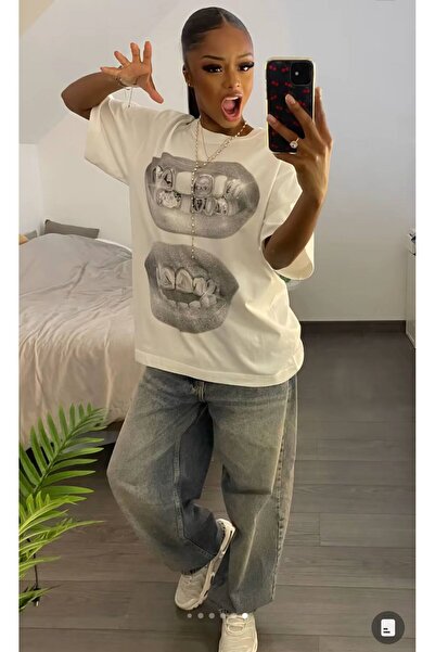 Violon Two Lips Print Detailed White Oversize Unisex T-Shirt