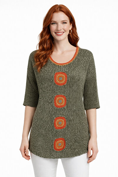 Neden Tekstil Haki Turuncu El Örgüsü Motifli Kısa Kollu Tunik