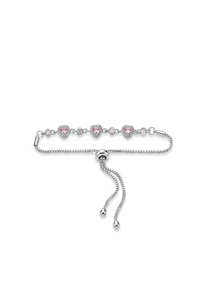 Swarovski Crystal Pembe Zirkon Taşlı Kalp Figürlü Kadın Bileklik Gümüş Renk A...