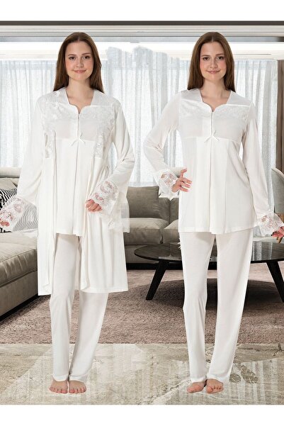 Effortt Dvina Lohusa Hamile Sabahlık ve Uzun Kollu Pijama Takımı - 3'lü Set -...