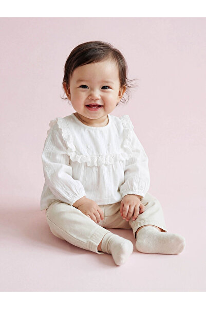 LC Waikiki Nevaa Collection Ecru Ruffled Baby Girl Gabardine Blouse and Pants