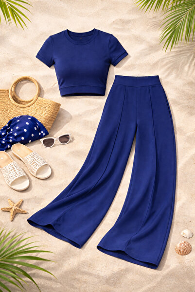 OTAKU Set de crop piese din țesătură Premium modal – Set dublu cu pantaloni t...