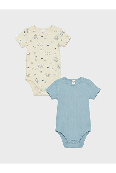 LC Waikiki M&B Collection Ecru Crew Neck Baby Boy Snap Fastener Bodysuit 2-Pack