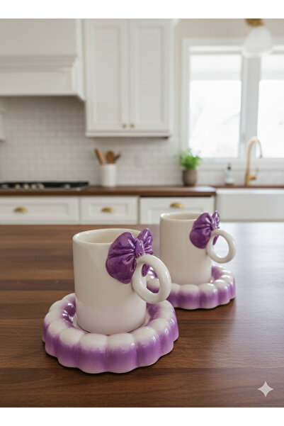 seda seramik Handmade Purple Bow Design 4-Piece Coffee Cup Set for 2 People 9...