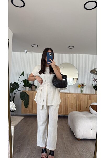 Modayakamoz Women's Blouse and Trousers Set with Shoulder Detail and Belt, Li...