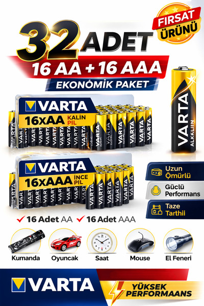 ANI OFİS KIRTASİYE A K AA + AAA Pil 32'lı Set (16 AA + 16 AAA) 1.5V – Ekonomi...