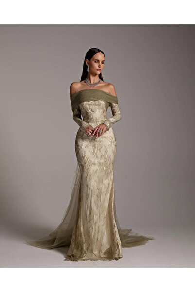 Kendallksa Royal evening dress in olive and beige