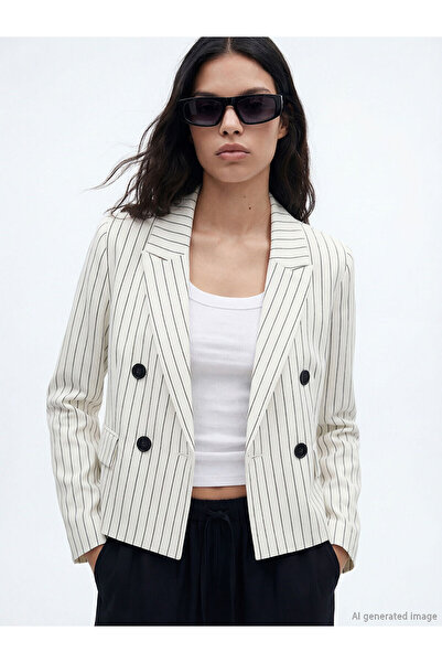 LC Waikiki Meral Collection White Double-Breasted Collar Striped Women's Blaz...