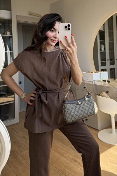 Modayakamoz Women's Blouse and Trousers Set with Shoulder Detail and Belt, Li...