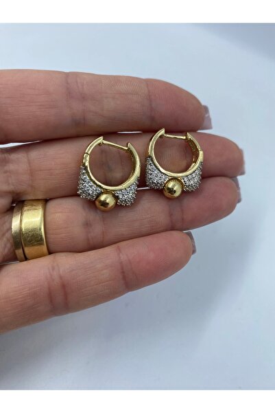 Kadın Altın Kaplama VIP Seri Zirkon Taşlı Top Detaylı Halka Küpe - Gold