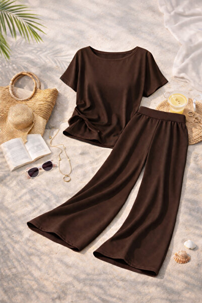 OTAKU طقم بنطلون واسع الساق من قماش المودال الفاخر ذو ياقة قاربية - طقم صيفي ...