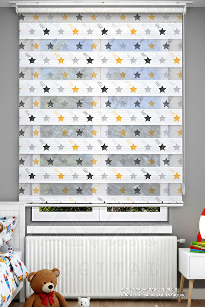 Avart Digital Çocuk Odası İçin Sarı Siyah Renkli Yıldızlar Desenli Zebra Perd...