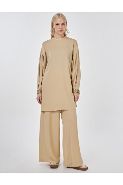 Kayra Nervür Dikişli Şık İkili Takım Bej