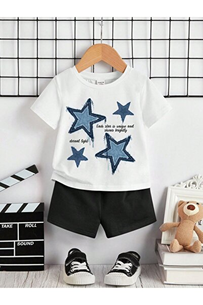 Kids Letnje plave zvezde Štampano Devojčice Dečaci Crne šortseve, Beli T-shir...