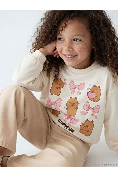 LC Waikiki Nevavm Oval Collar Capyfun Printed Girls' Sweatshirt with a Differ...