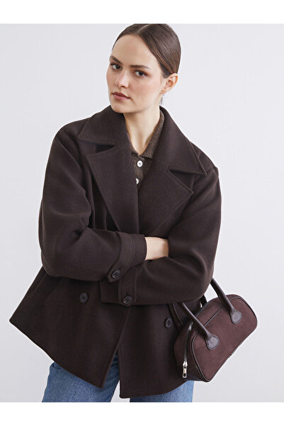 LC Waikiki Elsiva Collection Brown Double-Breasted Collared Women's Cashmere ...