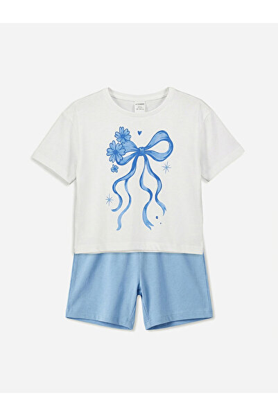 LC Waikiki مجموعة إلسيفا تي شيرت وشورت بناتي مطبوع عليه فيونكة زرقاء