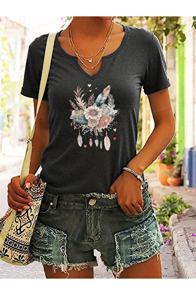 Deocept Ženski pernati cvetni Štampano polu-V-izrez rukavi udobni kroj T-shirt