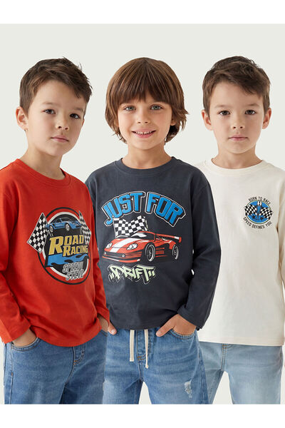 LC Waikiki Lcw Kids Beige Printed Boy's T-Shirt with Nevavm Difference 3-Pack...