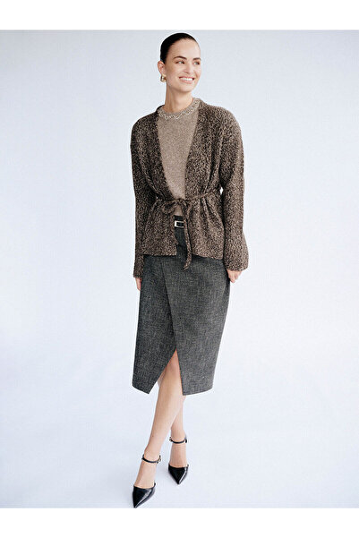 LC Waikiki Peak New Season Patterned Tweed Pencil Skirt with Belt at the Waist