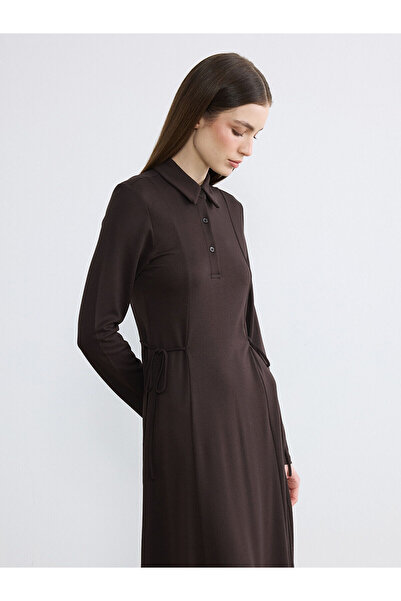 LC Waikiki Brown Shirt Collar Waist-Slit Dress