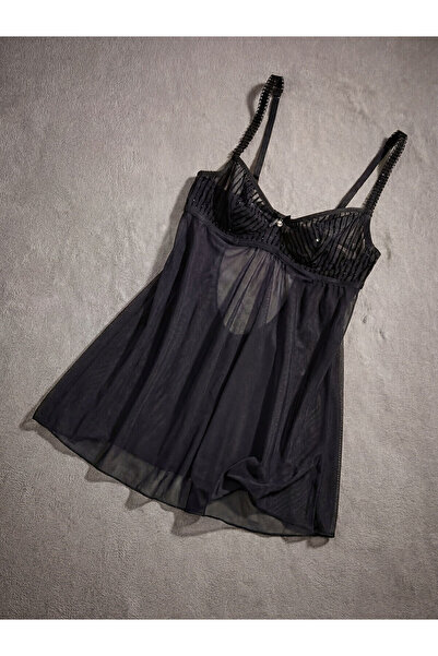 LC Waikiki Siyah V Yaka Dantelli Babydoll