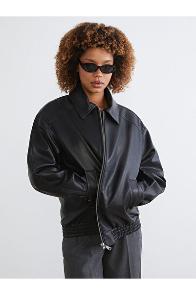 LC Waikiki Meral Collection Black Shirt Collar Oversize Women's Leather Look ...