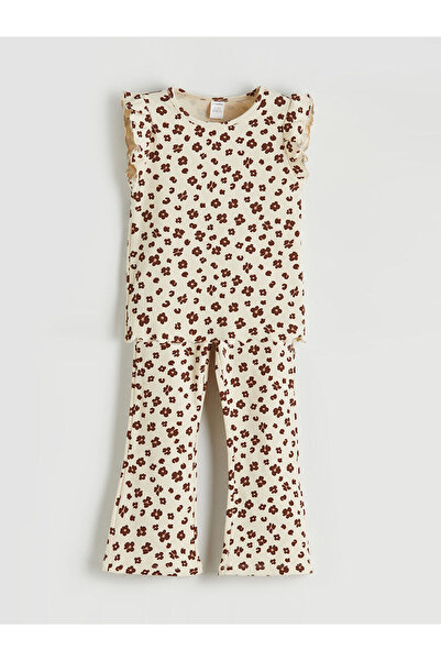 LC Waikiki Meral Collection Beige Floral Patterned Girls' Blouse and Leggings