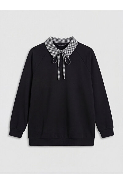 LC Waikiki Siyah Gömlek Yaka Ekose Kadın Sweatshirt Tunik