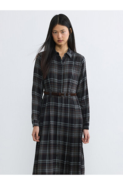 LC Waikiki فستان قميص منقوش بحزام خصر أسود من مجموعة إلسيفا