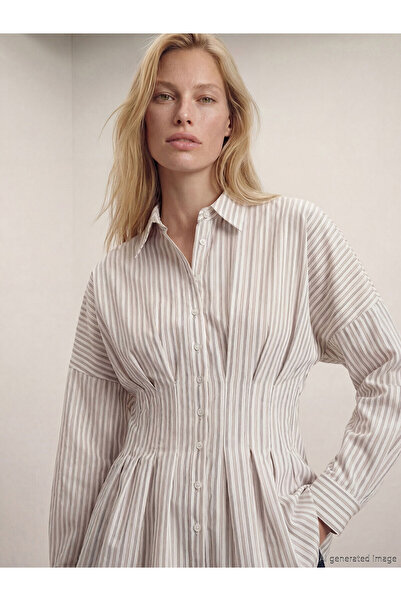 LC Waikiki Kahverengi Çizgili Kadın Pileli Peplum Gömlek