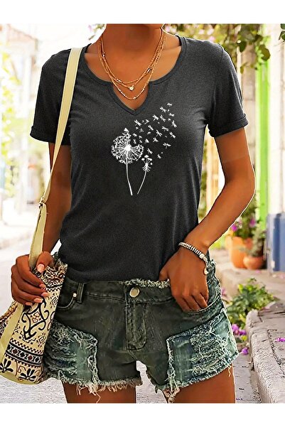 Deocept Polu V-izrez rukava sa perjem Štampano Udobno kroj T-shirt