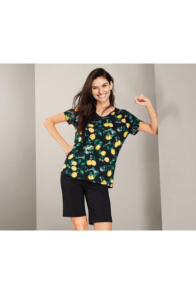 Tchibo Women Round Allover Short Sleeve Print Blouse, Black/Yellow Combo