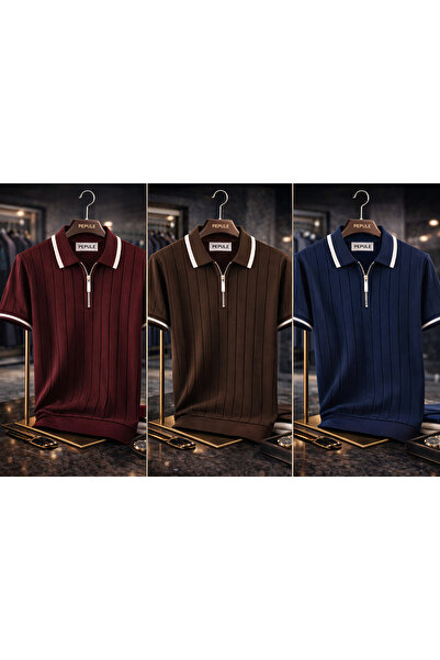 oneoff Ανδρικό πλεκτό μπλουζάκι με λαιμόκοψη πόλο, Με υφή χρωμάτων, με μισό φ...