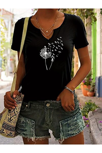 Deocept Polu V-izrez rukava sa perjem Štampano Udobno kroj T-shirt