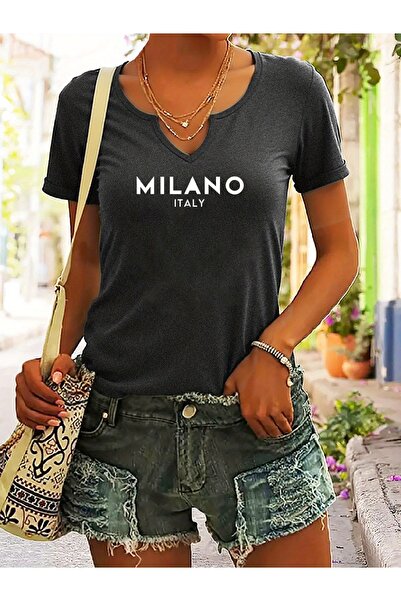 Deocept Women's Milano Printed Half V-Neck Relaxed Fit T-Shirt