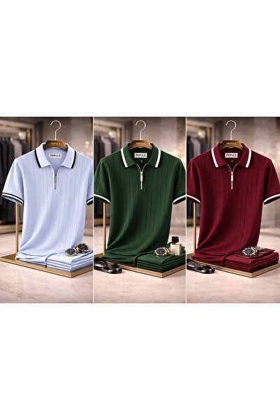 oneoff Ανδρικό πλεκτό μπλουζάκι με λαιμόκοψη πόλο, Με υφή χρωμάτων, με μισό φ...