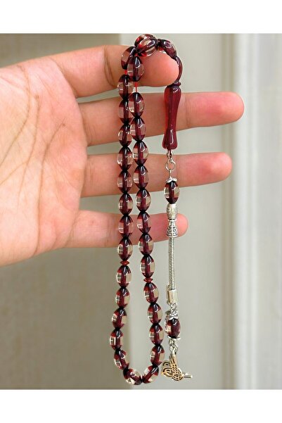 NAMAT مسبحة صلاة بيضاوية الشكل بلون كهرماني بودرة، 33 حبة، لون عنابي، تأتي مع...