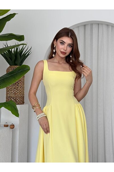 Monapera Askılı Kare Yaka Heldi Piliseli Midi Atlas Elbise