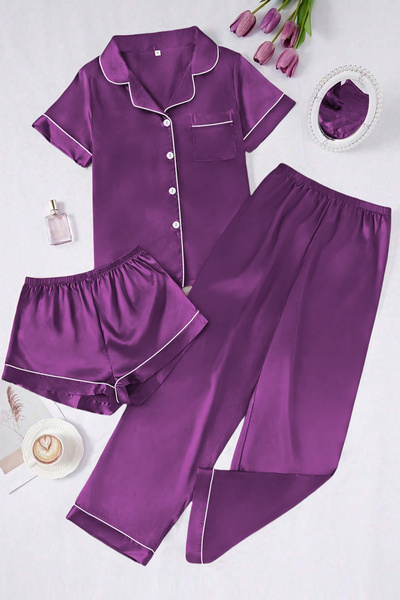 Sweet Dream 3 in 1 Pajama Set for Women Soft Silk Satin Sleepwear