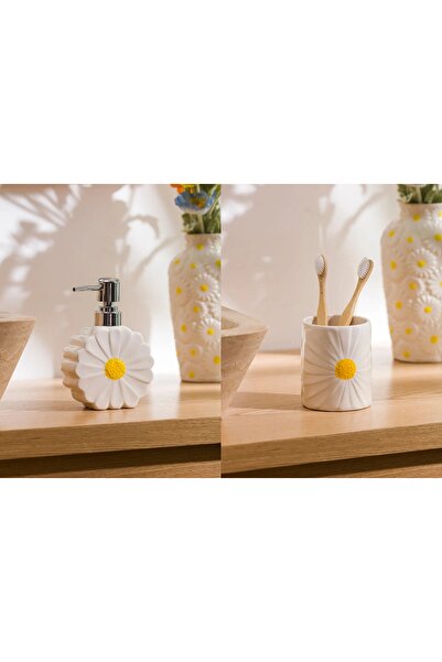LC Waikiki LCW HOME Çiçek Figürlü Seramik Sıvı Sabunluk Ve Diş Fırçalık
