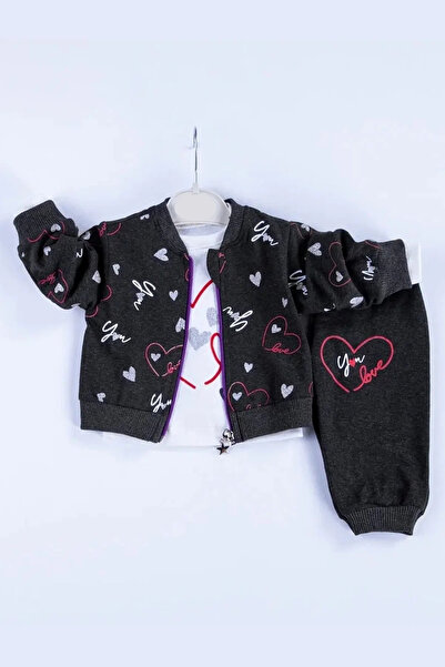Generic Brand Heart Patterned Cardigan Cotton 3-Piece Baby Girl Set