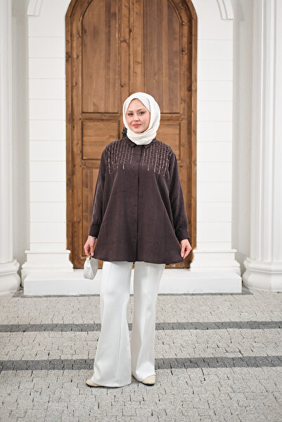 LOCCO Kadın Sıralı Boncuk İşlemeli Gömlek Acı Kahve