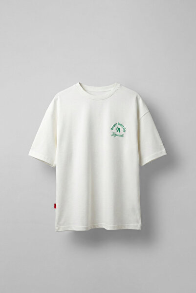 ablukaonline Men's Oversize Washed T-Shirt with Back Print Ecru